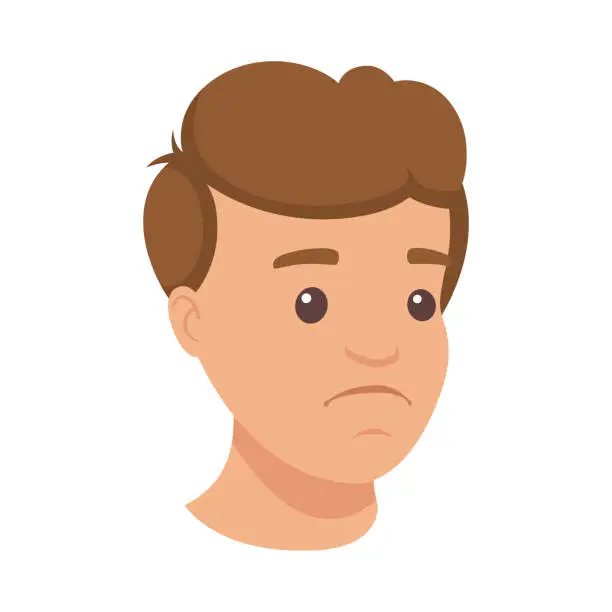 Vector illustration of Handsome Brunet Man Character with Sad Face Demonstrating Emotion Vector Illustration