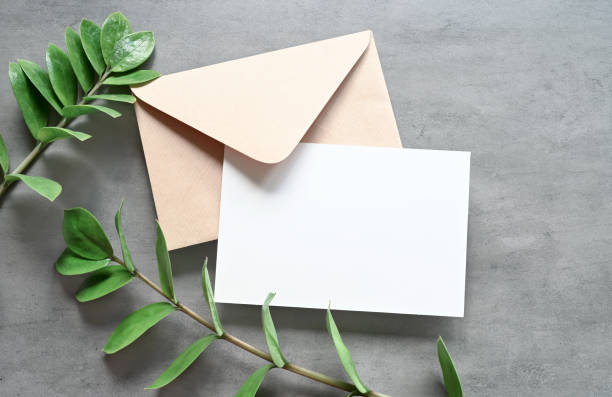 istock Mock up card with plants. Invitation card with envelope on white background. 1412006797
