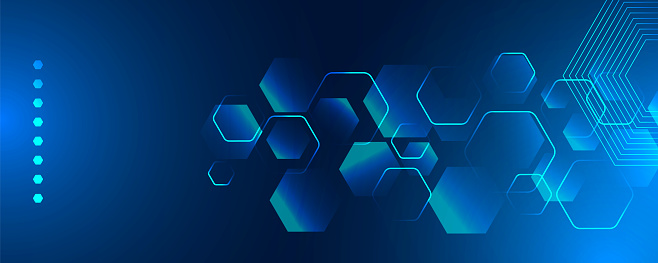 Abstract blue hexagon geometric background with neon light effect. Modern futuristic background . Can be use for landing page, book covers, brochures, flyers, magazines, any brandings, banners, headers, presentations, and wallpaper backgrounds