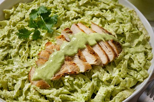 The Viral Green Goddess Salad. Creamy Avocado and Cilantro Dressing with Grilled Chicken and  Shredded Green Cabbage