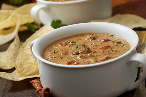 Cheesy Beef Taco Soup with Tortilla Chips