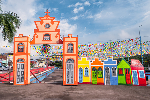 Paudalho city, Pernambuco state, Brazil - July 30, 2022:Decoration and scenery of the Festa de São João in the event center of the city of Paudalho.