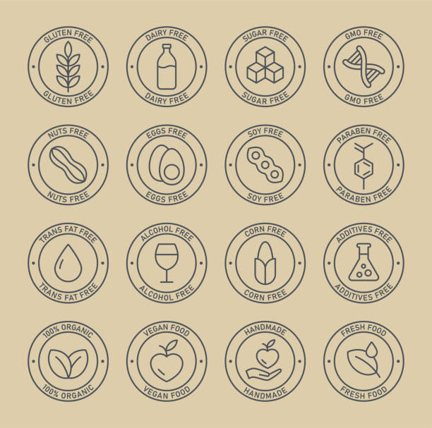illustrazioni stock, clip art, cartoni animati e icone di tendenza di prodotti naturali. allergeni. intolleranza alimentare. set di icone - senza latticini, senza glutine, senza zucchero, senza ogm, senza noci, senza parabeni. illustrazione vettoriale. - cucina vegetariana immagine