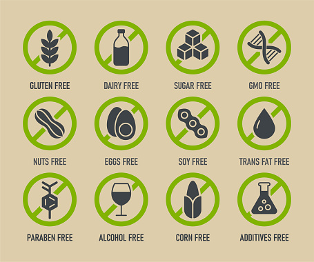 Natural Products. Allergens. Food Intolerance. Set of icons - Dairy Free, Gluten Free, Sugar Free, GMO Free, Nut Free, Paraben free. Vector illustration.