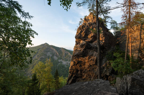 Scenic and old rocks on Ural mountains. Aigir rocks. Nature of mountain region of Bashkortostan