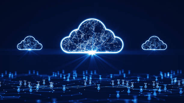 Cloud and edge computing technology concepts support a large number of users. There are three prominent cloud icons above. Below the user icon is connected to a polygon on a dark blue background. stock photo