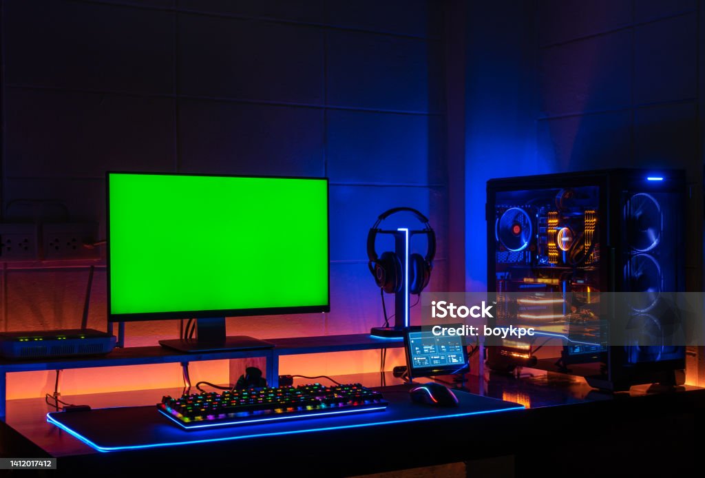 Gaming Computer Back Screen Highend Computing Gaming Set Monitor Green Screen With Screen Showing ...