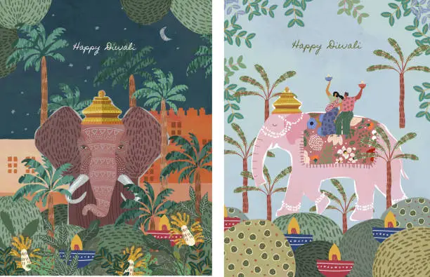 Vector illustration of Happy Diwali. Indian festival of lights. Vector illustration of a holiday in India, people with lanterns, an elephant, a city street. Drawings for postcard, card, poster or flyer