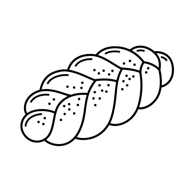 Challah bread cartoon line icon Challah, traditional braided bread loaf. Black and while line icon. Cartoon vector clip art illustration. poppy seed stock illustrations
