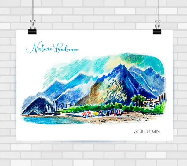 Vector illustration of Abstract image of landscape sea and mountains. Picture with beach. Illustration hand drawn. Poster template. Abstract picture. Sketch colorpencil.