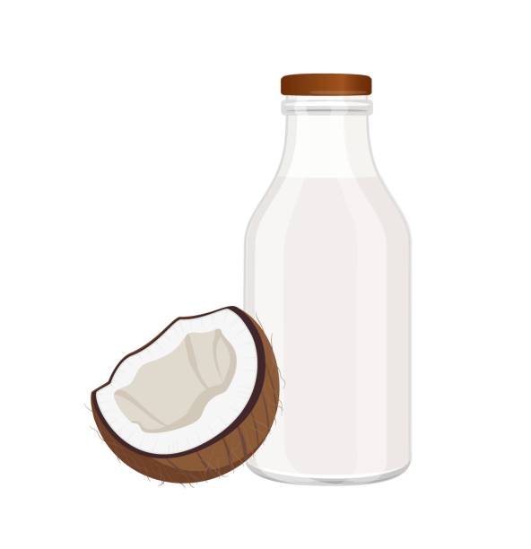 illustrazioni stock, clip art, cartoni animati e icone di tendenza di latte di cocco vegano in bottiglia di vetro, bevanda alternativa non casearia, illustrazione vettoriale su sfondo bianco - latte di cocco