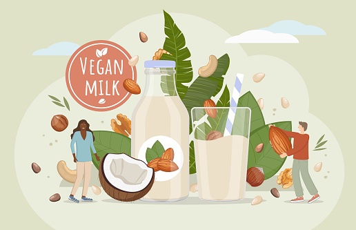 Vegan milk preparation concept with guy and girl characters. Alternative non-dairy vegetarian drink for plant based diet, healthy organic lactose free nut milk from almonds, cashews, pine nuts, coconut or walnuts