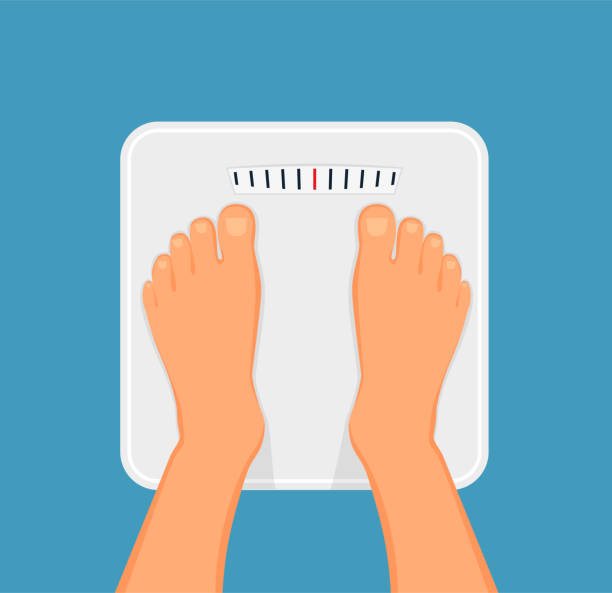 Woman is standing on bathroom scales,top view of feet. Weight measurement and control. Concept of healthy lifestyle, dieting and fitness Woman is standing on bathroom scales, top view of feet. Weight measurement and control. Concept of healthy lifestyle, dieting and fitness bulimia stock illustrations