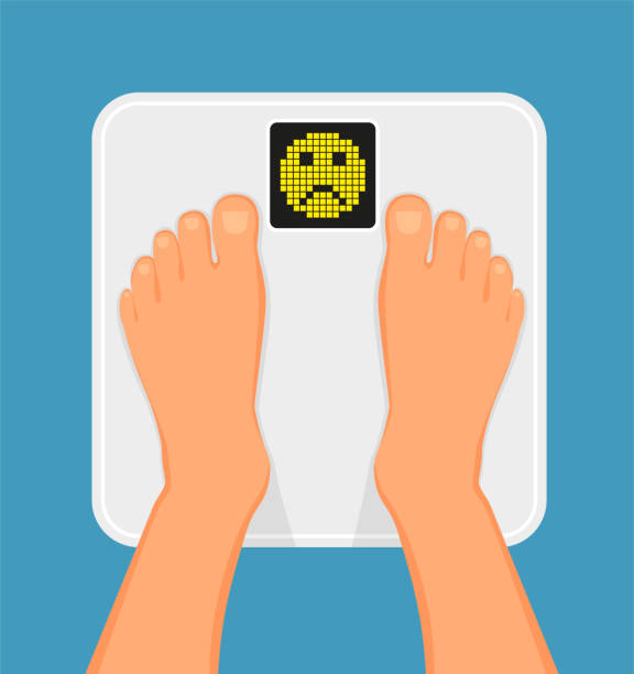 ilustrações de stock, clip art, desenhos animados e ícones de woman is standing on bathroom scales,top view of feet. weight measurement and control. concept of healthy lifestyle, dieting and fitness - anorexia