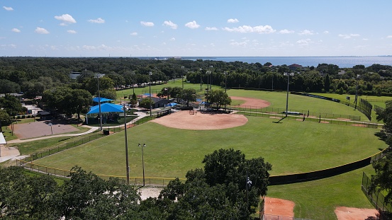 An aerial drone photo of a Baseball field at Safety Harbor City Park, Tampa Bay, Florida.