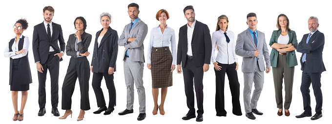 Group of business people team isolated on white background, full length portrait