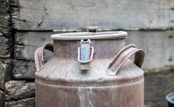 istock One old rusty metal can in the countryside. Container for transporting liquids, milk or liquid fuels with multiple handles. Milk bank of a cylindrical form with a wide mouth. Bottle with sealed cap. 1412023534