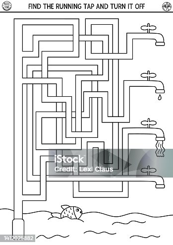 istock Ecological black and white maze for children with water saving concept. Earth day preschool activity with running tap. Eco awareness labyrinth game or coloring page with water pipes, faucets 1412025882