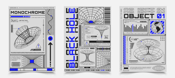 hud要素、遠近法グリッド、未来的なデザイン要素、チャート、ブラックホール、惑星のモデルを含むポスター。ワイヤーフレーム3dフィギュア付きの抽象バナー - ブラックホール点のイラスト素材／クリップアート素材／マンガ素材／アイコン素材