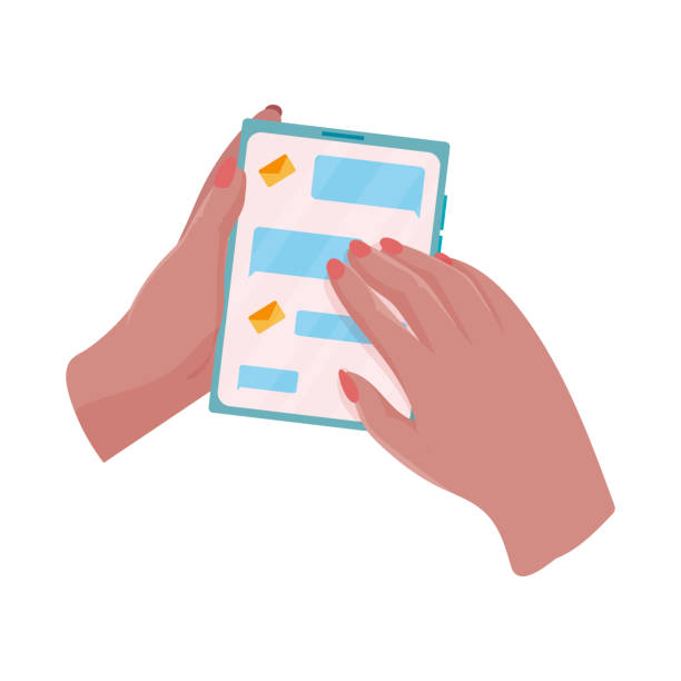 istock Hands hold a phone. Concepts of internet network communications. People chatting and chatting together on social networks. Woman holding a phone or tablet in her hand. Vector illustration. 1412027919
