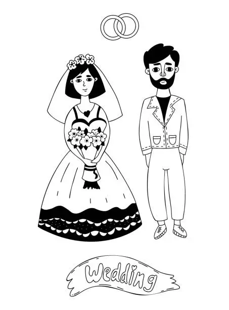 Vector illustration of Wedding doodles. Newlyweds, bride in wedding dress with veil, bouquet and stylish groom and wedding rings. Vector illustration. Isolated linear hand drawings. For design, decor and wedding decoration.