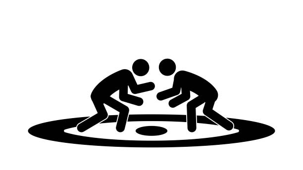 Stick figure wrestlers in the rack, flat vector illustration. Stick figures of wrestlers in a rack on a carpet, flat vector illustration. wrestling sport stock illustrations