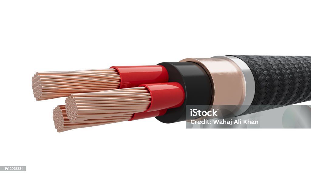 Electrical copper core multi strand cables. Single-core, two-core and three-core wires 3d Cable Stock Photo