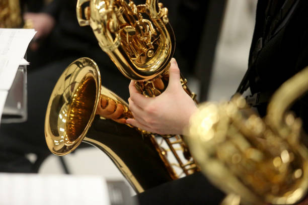 Musicians playing saxophone at nightclub