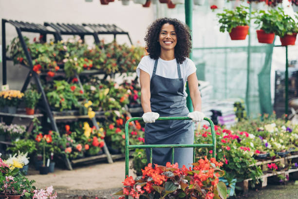 istock Cheerful young female gardener working in a nursery 1412031816