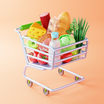 3D illustration of a food cart full of products of milk, vegetables, bread, eggs, sausage and cheese in cartoon style, isolated background.