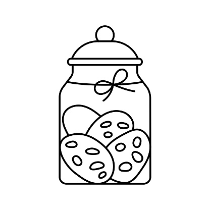 Biscuit cookies with chocolate chips in glass jar line art vector icon illustration. Sweet tasty home made sugar crunch dessert in jar with lid and bow. Editable stroke