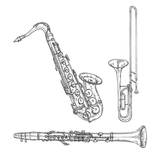 Vector illustration of Trombone, saxophone, clarinet. Vector vintage black engraving