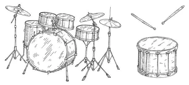 Vector illustration of Drum kit set. Vintage black engraving illustration