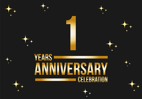 1 year anniversary celebration logo. Gold vector on black background with glitter.