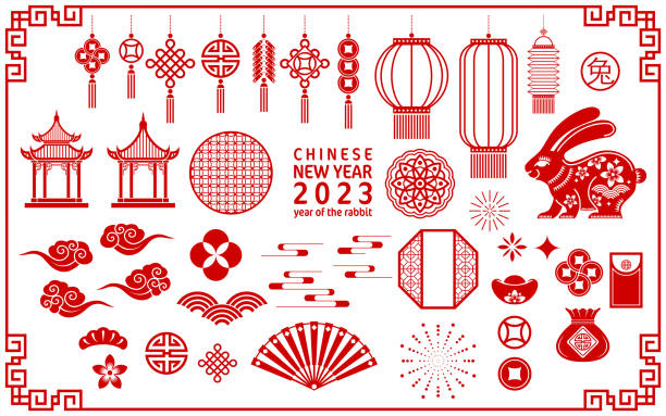 Happy chinese new year 2023 year of the rabbit Happy chinese new year 2023 year of the rabbit zodiac with on color Background. (Translation : Happy new year) chinese lantern stock illustrations