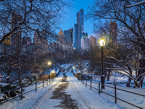 Central Park in winter  Gapstow bridge after snow storm at sunrise