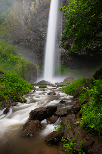Heavy water flow over Latourell Falls during a very wet 2022 spring season in the Columbia River Gorge, Oregon.