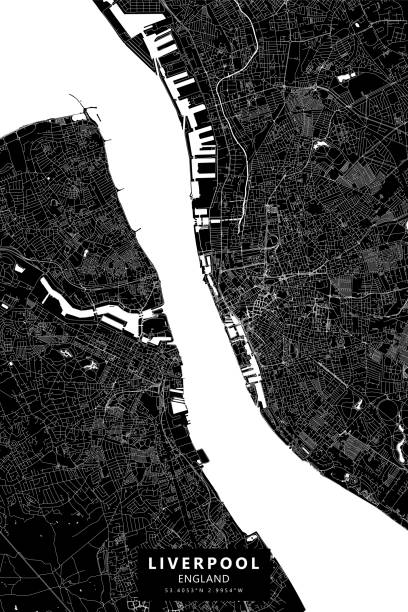 Liverpool, England Vector Map Poster Style Topographic / Road map of Liverpool, England. Map data is open data via openstreetmap contributors. All maps are layered and easy to edit. Roads are editable stroke. river mersey northwest england stock illustrations