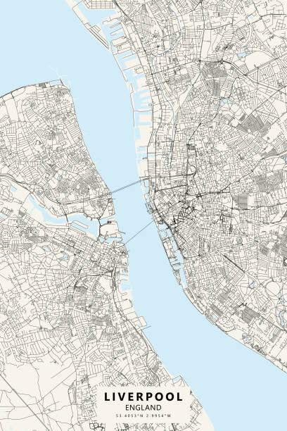 Liverpool, England Vector Map Poster Style Topographic / Road map of Liverpool, England. Map data is open data via openstreetmap contributors. All maps are layered and easy to edit. Roads are editable stroke. river mersey northwest england stock illustrations