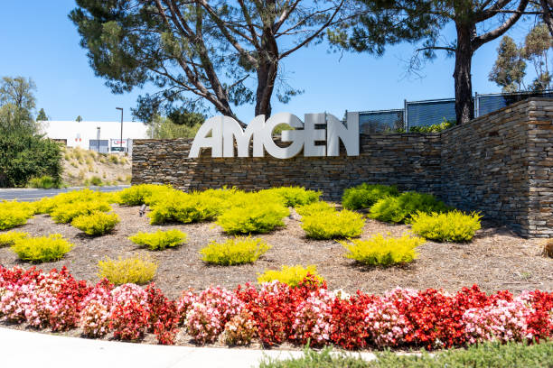 Amgen sign at its headquarters in Thousand Oaks, California, USA. stock photo