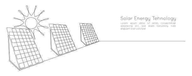 eine durchgehende linienzeichnung von solarpanel mit sonne. grüne saubere energie im einfachen, linearen stil. webbanner für erneuerbare und nachhaltige ressourcen. bearbeitbarer strich. doodle-vektor-illustration - solar power station solar panel sun house stock-grafiken, -clipart, -cartoons und -symbole
