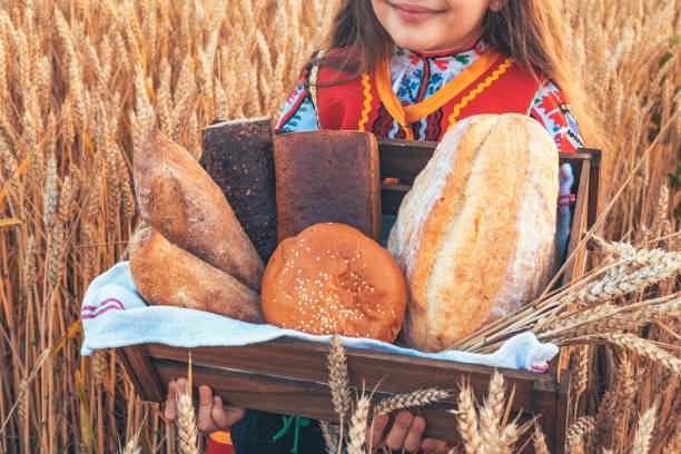 mulher búlgara ou jovem em vestido folclore tradicional segura em mãos trigo dourado e pão caseiro recém-assado em um saco - bread food baked 7 grain bread - fotografias e filmes do acervo