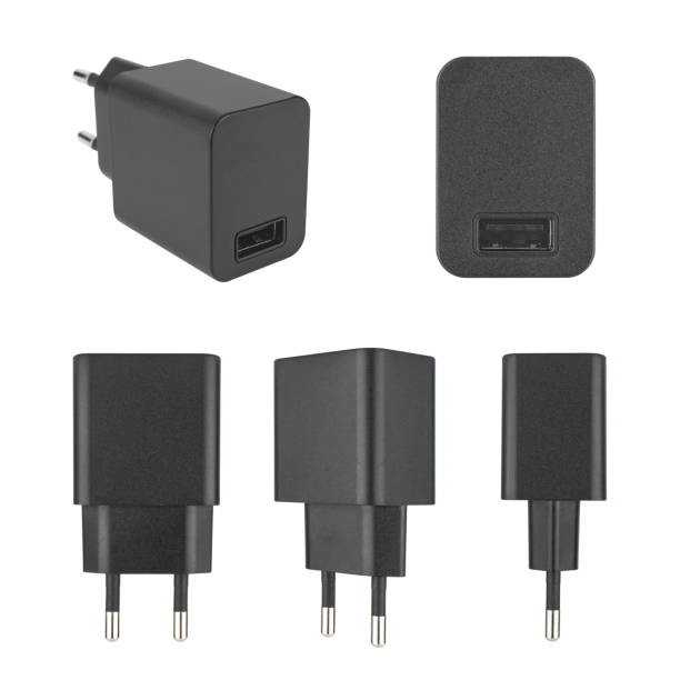 istock power adapter for phone tablet, black color, white background, collage 1412048488