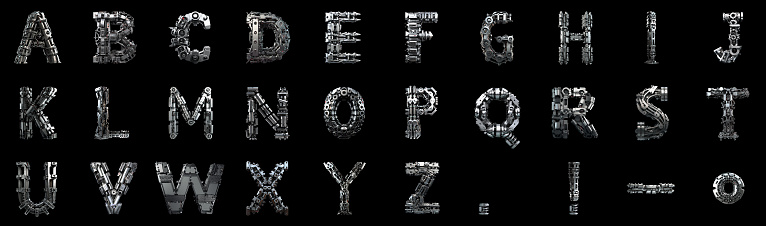 Robotic alphabet on black background