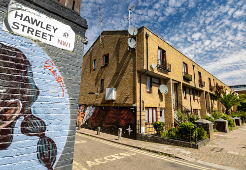 Hawley Street in Borough of Camden, London, with part of wall art visible.