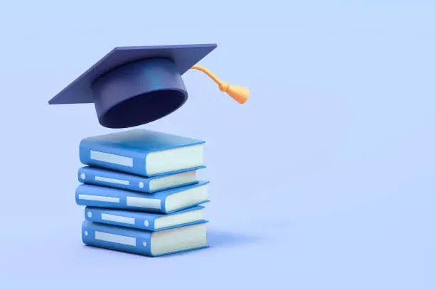 Graduation cap on stack of books. 3d illustration