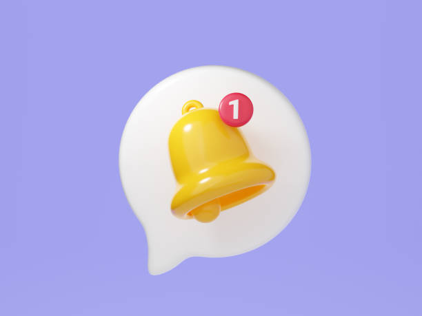 istock Notification bell on speech bubble 3d render. Illustration of simple yellow bell icon for reminder or notice concept. 1412054583