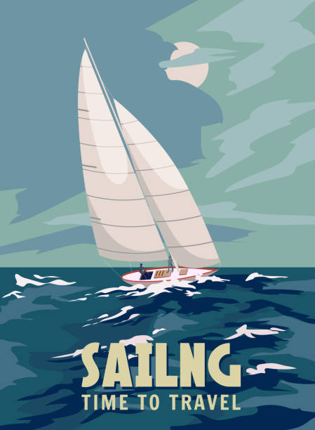 illustrazioni stock, clip art, cartoni animati e icone di tendenza di nave barca a vela durante una tempesta poster retrò, veliero sull'osean, mare, cielo tempestoso, onde del mare. illustrazione vettoriale vintage - sailboat sailing sports race yacht