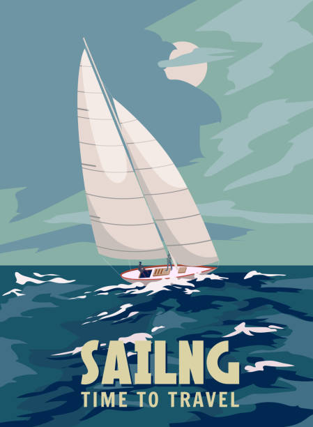 корабль парусник во время шторма плакат ретро, парусный корабль на осеяне, море, штормовое небо, морские волны. векторная иллюстрация винта� - sailboat sailing sports race yacht stock illustrations