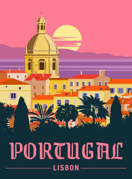 Vector illustration of Travel Poster Poster Lisbon, Vintage. Portugal cityscape landmark, sea, sunset sky. Vector illustration